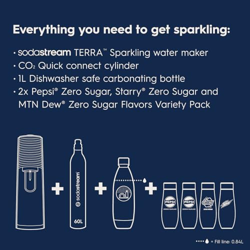 SodaStream Terra Sparkling Water Maker Bundle in Black - includes CO2, Carbonating Bottle, and Pepsi® Zero Sugar, Starry® Zero Sugar and MTN Dew® Zero Sugar 4-Flavor Variety Pack