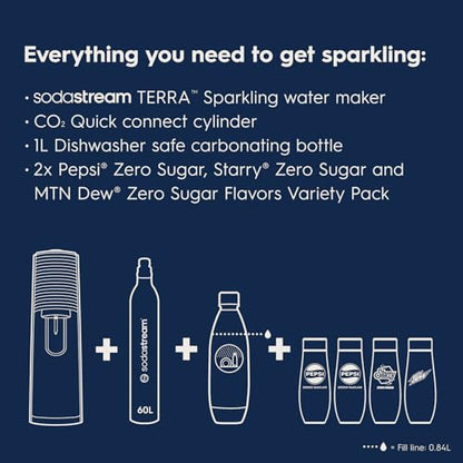 SodaStream Terra Sparkling Water Maker Bundle in Black - includes CO2, Carbonating Bottle, and Pepsi® Zero Sugar, Starry® Zero Sugar and MTN Dew® Zero Sugar 4-Flavor Variety Pack