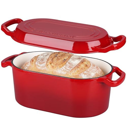 VORRINGARD Oval Dutch Oven Pot with Lid, Enamel Coating Cast Iron Bread Pans for Homemade Sourdough Bread Baking, Cooking, 4 Quart, Red