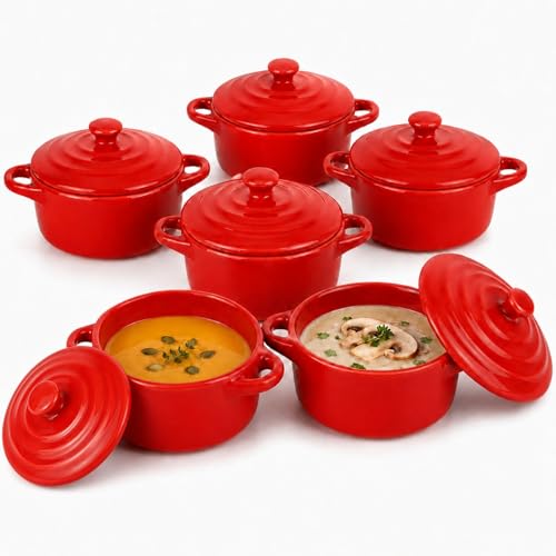 RHBLME 6 Pack French Onion Soup Bowls, 7 Oz Ramekins Oven Safe Mini Cocotte, Red Ramekins with Lids Oven Safe Soup Bowls for Creme Brulee, Pot Pie, Lava Cakes, Pumpkin Soup