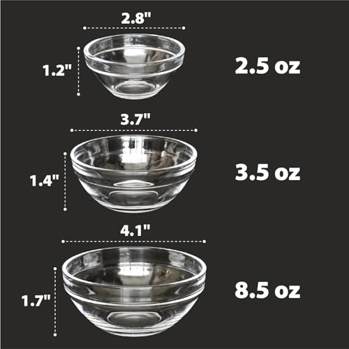 Iyulania 3 Sizes of Clear Glass Bowls, 2.5, 3.5 & 8.5 oz, Small Prep Bowls for Salt, Herbs, Spices and Dry Ingredients, Set of 12
