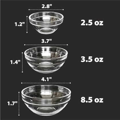 Iyulania 3 Sizes of Clear Glass Bowls, 2.5, 3.5 & 8.5 oz, Small Prep Bowls for Salt, Herbs, Spices and Dry Ingredients, Set of 12
