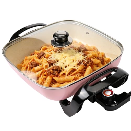 I-Keukenn 12" Ceramic Nonstick Electric Skillet with Tempered Vented Glass Lid, Scratch-Resistant Surface, Cool-Touch Handles, Removable Easy-to-Clean Design, 1200W, Vibrant Pink