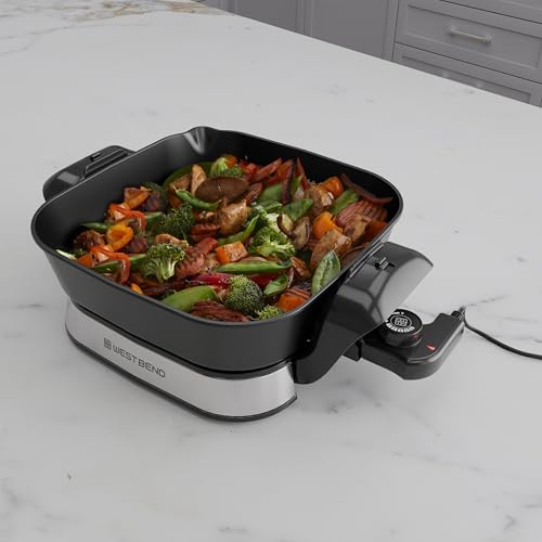 West Bend 11”x11” Electric Skillet with Diamond Shield Ceramic Nonstick, Removable Foldable Base, Tempered Glass Lid with Vent, Adjustable Thermostat, Cool Touch Handles, 4.2-Qt, Black/Stainless Steel