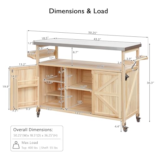 FUvellamo 50.25'' Rolling Outdoor Kitchen Island with Stainless Steel Top and Storage Cabinet, Farmhouse Outdoor Grill Table with Towel Rack for Kitchen BBQ, Natural