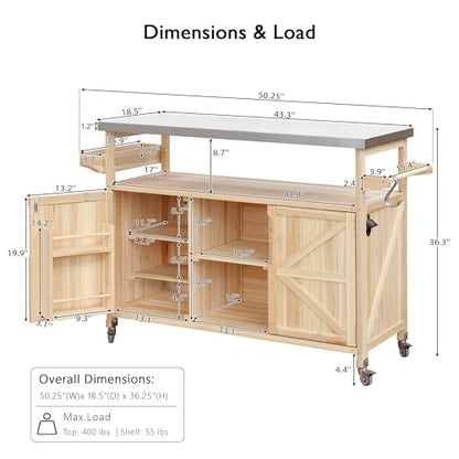 FUvellamo 50.25'' Rolling Outdoor Kitchen Island with Stainless Steel Top and Storage Cabinet, Farmhouse Outdoor Grill Table with Towel Rack for Kitchen BBQ, Natural