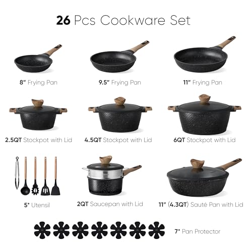 CAROTE 26PCS Pots and Pans Set Non Stick, Cookware Set Pots and Pans Induction Cook Ware, Nonstick Kitchen Cooking, PFOA Free, Black