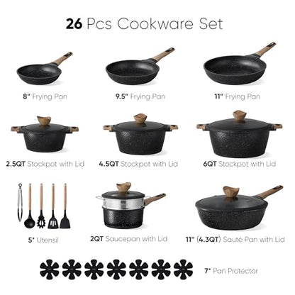 CAROTE 26PCS Pots and Pans Set Non Stick, Cookware Set Pots and Pans Induction Cook Ware, Nonstick Kitchen Cooking, PFOA Free, Black