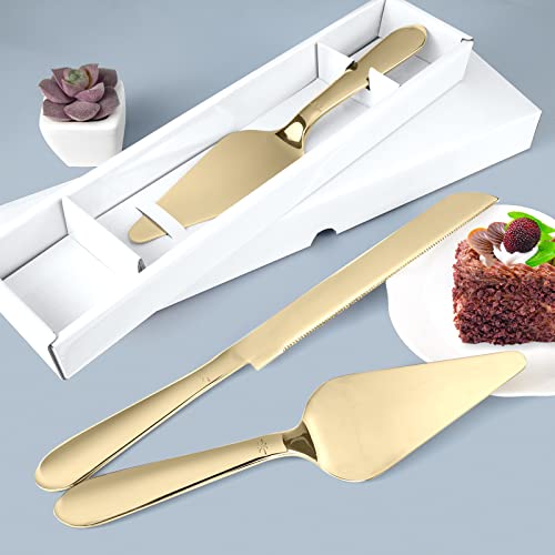 Eisinly Cake Cutting Set for Wedding, Elegant Cake Knife and Server Set with Thickened Stainless Steel Rounded Edges, Cake Cutter Pie Spatula for Birthday Anniversary, 2 Pcs, Gold