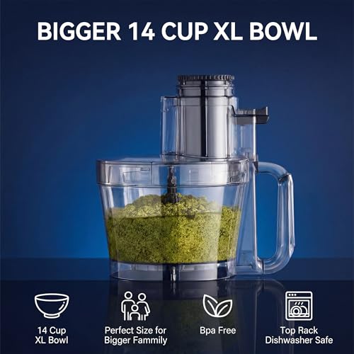 Magiccos 14 Cup Food Processor - XL Bowl Food Processor with Large Feed Chute, French Fry Cutter, Chop Vegetables, Slice Potatoes, Shred Cheese, Mix Dough for Family Meal Prep