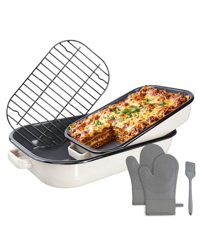 MCCSI Roasting Pan for Oven with Rack 6-Piece Enamel Lasagna Baking Dishes Set 14&17 Inch, 572°F High Temperature Resistance Dishwasher Safe Non-Stick Deep Turkey Roaster Pan Mothers Day Gift Bakeware