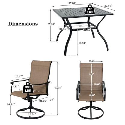 NOBLEMOOD 5-Piece Outdoor Dining Table & Chair Set, Outdoor Dining Set with 4 Textilene Swivel Chairs, Patio Metal Square Dining Table Set for Outside, Garden, Backyard