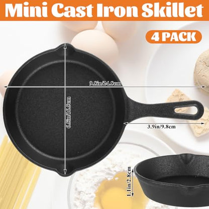 LDHHYH 4 Pack Mini Cast Iron Skillet, 6 Inch Small Cast Iron Frying Pan, Pre-Seasoned Cast Iron Skillet Set, Black Non-Stick Mini Cast Iron Cookware for Stove, Oven, Grill Safe, Indoor and Outdoor Use