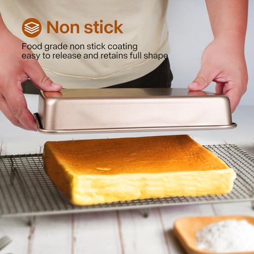 Barlket Deep Baking Pans Set, 3-Pieces Rectangle Cake Pan, Nonstick Carbon Steel Roasting Pans, 9/11/13 Inch, Lasagna Pan with 1.6-2.3 Inch Deep Size, Heavy Duty Stackable Oven Baking Trays, Gold