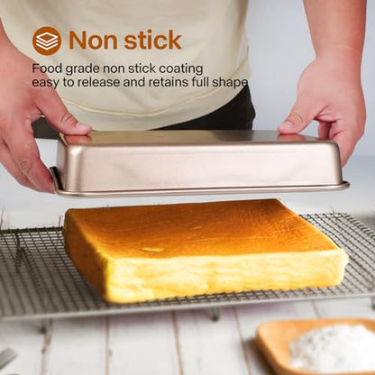 Barlket Deep Baking Pans Set, 3-Pieces Rectangle Cake Pan, Nonstick Carbon Steel Roasting Pans, 9/11/13 Inch, Lasagna Pan with 1.6-2.3 Inch Deep Size, Heavy Duty Stackable Oven Baking Trays, Gold
