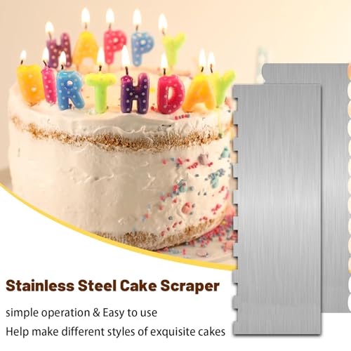 2 Pieces 8.7 Inche Stainless Steel Cake Scraper Double Sided Patterned Edge Stripe Edge Smoother Frosting Scraper Cake Decorating Cake Decorating Comb Cake Scraper For Butter Cream Mousse(2, 2)