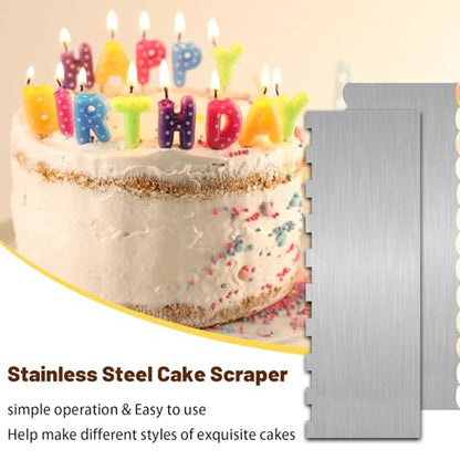 2 Pieces 8.7 Inche Stainless Steel Cake Scraper Double Sided Patterned Edge Stripe Edge Smoother Frosting Scraper Cake Decorating Cake Decorating Comb Cake Scraper For Butter Cream Mousse(2, 2)