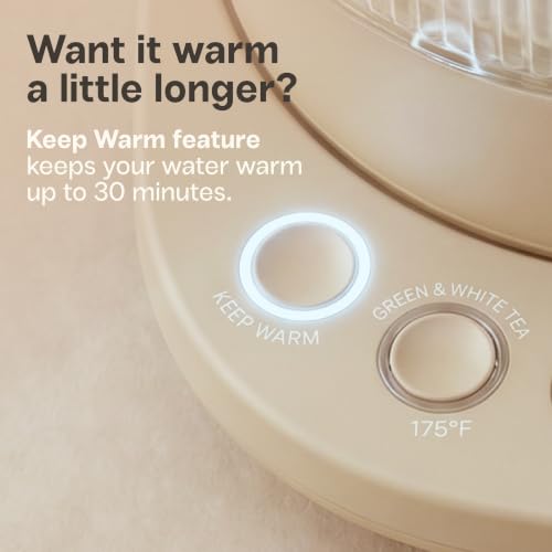 Viante Nina Electric Tea Kettle with Infuser, No Plastic In Contact With Water, 1.5L Borosilicate Glass, 304 Stainless Steel, 4 Temp Presets, Keep Warm, Cordless, Auto Shut-Off, Beige