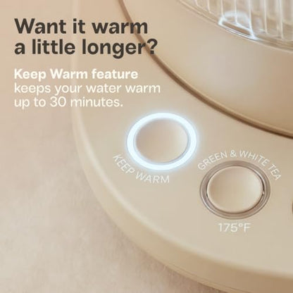 Viante Nina Electric Tea Kettle with Infuser, No Plastic In Contact With Water, 1.5L Borosilicate Glass, 304 Stainless Steel, 4 Temp Presets, Keep Warm, Cordless, Auto Shut-Off, Beige