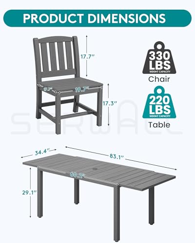 SERWALL 9-Piece Outdoor Dining Set, 60" - 83" Expandable Outdoor Dining Table and 8 HDPE Chairs, All Weather HDPE Outdoor Furniture Set for Backyard, Garden, Grey