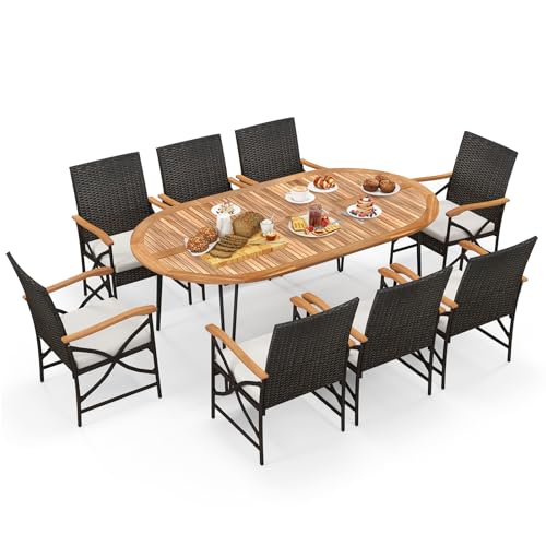Tangkula 9 Pieces Patio Rattan Dining Set, Outdoor Oval Acacia Wood Dining Table and 8 Patio Wicker Armchairs Set with Umbrella Hole, Cushions, Metal Frame, Outdoor Dining Furniture Set for Garden