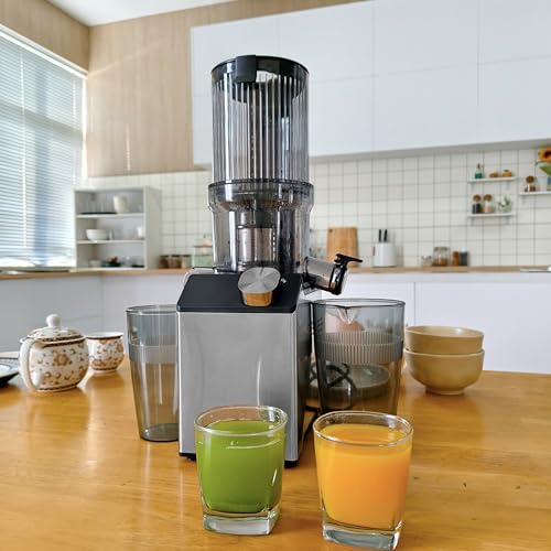 WHUTO Cold Press Juicer, Wide Feed Chute Juicer Machines, Stainless Steel Slow Masticating Juicers Easy to Clean, Vegetables & Fruits Juice Extractor, High Juice Yield, Gray Knob