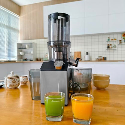 WHUTO Cold Press Juicer, Wide Feed Chute Juicer Machines, Stainless Steel Slow Masticating Juicers Easy to Clean, Vegetables & Fruits Juice Extractor, High Juice Yield, Gray Knob