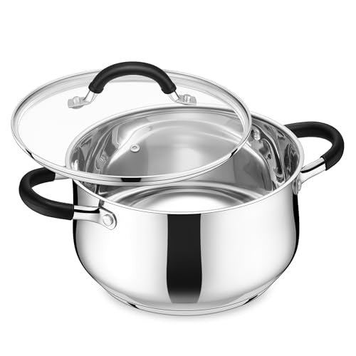 E-far 6 QT Stainless Steel Pot, Stock Cooking Pot with Visible Lid for Simmering Soup Pasta, Tri-Ply Thick Base for Induction Gas, Dual Silicone Handles for Heat Proof, Non-Toxic & Dishwasher Safe
