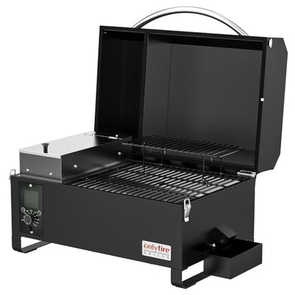 ONLYFIRE GRILLS BBQ Wood Pellet Grill Smoker with Meat Probe, 2 Tiers Cooking Area, Portable Tabletop Grilling Stove for Outdoor Kitchen Cooking Smoke and Roast, RV Camping, Black GS314