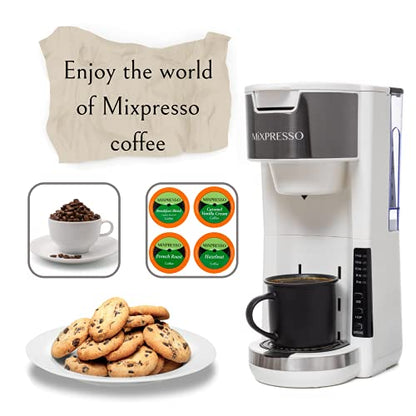 Mixpresso White Single Serve Coffee Brewer K-Cup Pods Compatible & Ground, 30 oz Compact Coffee Maker Single Serve With 5 Brew Sizes Up To 14 Oz, Fits Travel Mug, Adjustable Drip Tray