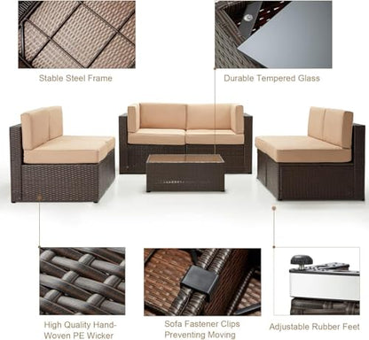 U-MAX 7 Piece Outdoor Patio Furniture Set, PE Rattan Wicker Sofa Set, Outdoor Sectional Furniture Chair Set with Cushions and Tea Table, Brown