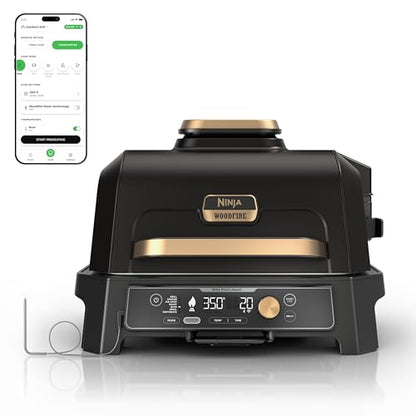 Ninja Woodfire Pro Connect XL Outdoor Grill & Smoker | Bluetooth, App Enabled | 7-in-1 Grill, BBQ Smoker, Outdoor Air Fryer | Woodfire Technology | Built-In Thermometer | Black & Gold | OG951BK1