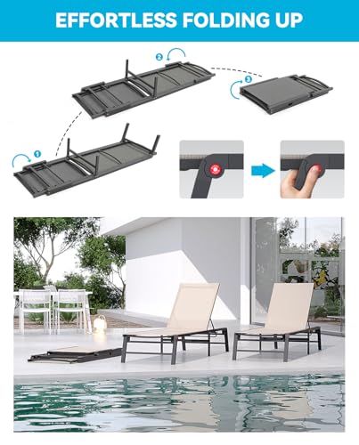 FHVIT Aluminum Chaise Lounge Chair Outdoor, Foldable Patio Lounge Chair Assemble-Free, Pool Lounge Chairs with 5 Adjustable Backrest, Outdoor Lounge Chairs for Outside Poolside Beach Lawn Beige