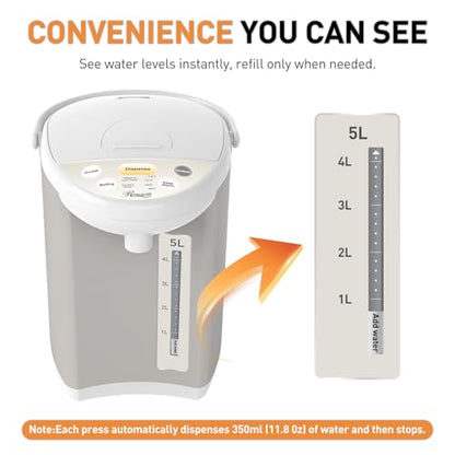 Rosewill Electric Water Boiler and Warmer - 5L/5.3 Qt Stainless Steel Hot Water Dispenser with Rotating Base, Keep Warm Temperature Set, Auto Shut Off, Safety Lock, Instant Heating for Coffee & Tea