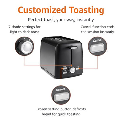Amazon Basics 2 Slice Toaster, Extra Wide Slots for Bagels and Specialty Breads, 7 Browning Levels, Removable Crumb Tray, Defrost/Cancel/Bagel Buttons, 800W, Black & Silver