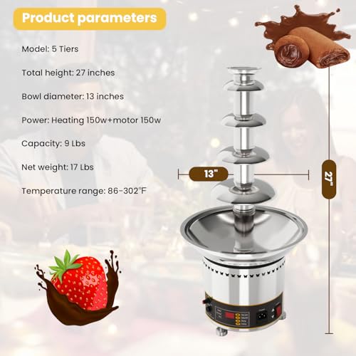 Flyseago Chocolate Fountains Commercial 5 Tiers 9Lbs Large Chocolate Waterfall Machine Stainless Steel Hot Cheese Fondue Tower Easy Assembly Perfect for Candy BBQ Sauce Ranch Liqueurs Digital-control