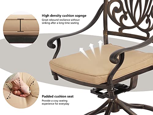 Grepatio 5 Piece Outdoor Dining Set Cast Aluminum Patio Dining Set Table and Chairs Outside Furniture 4 Swivel Chairs with Cushion and 1 Umbrella Hole Round Dining Table for Lawn Garden Patio (Khaki)