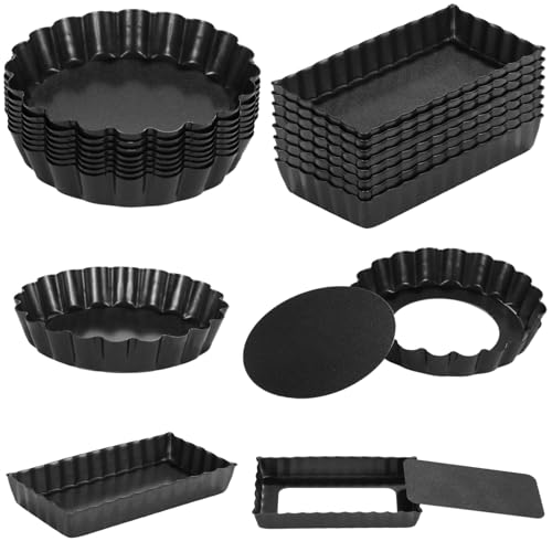 Mini Tart Pans With Removable Bottom Nonstick Quiche Pan, 8Pieces Round and 8Pieces Rectangle Pie Pans, 4 Inches Carbon Steel Mini Pie Pans, Fluted Side Dessert Baking Mold Set for Egg Tarts