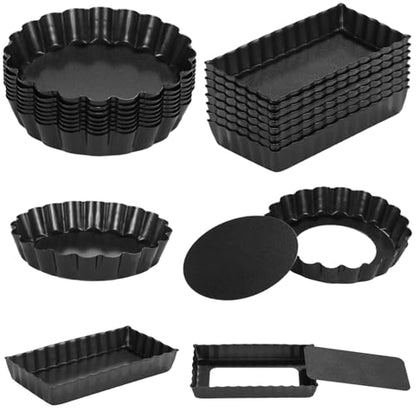 Mini Tart Pans With Removable Bottom Nonstick Quiche Pan, 8Pieces Round and 8Pieces Rectangle Pie Pans, 4 Inches Carbon Steel Mini Pie Pans, Fluted Side Dessert Baking Mold Set for Egg Tarts