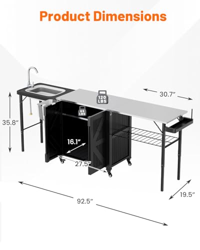 AECOJOY Outdoor Grill Cart Table with Sink, Portable Folding Kitchen Island with Storage Cabinet, Stainless Steel Prep Station for BBQ, Waterproof Cover Included