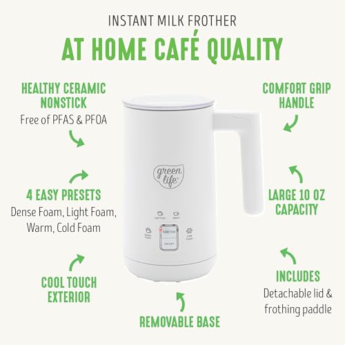 GreenLife Ceramic Electric Milk Frother, 10oz, 4-in-1, Auto Hot and Cold Foam, Dense and Light Foam, PFAS Free, Cordless Milk Warmer and Steamer for Latte, Coffee, White