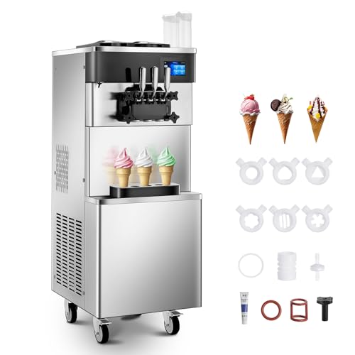 Commercial Ice Cream Machine 5.8-7.9 Gal/h, 3 Flavors Soft Serve Ice Cream Machine with 14L Hopper, Auto Clean Ice Cream Maker With Touch LCD Panel for Snack Restaurants Bars, 2200W