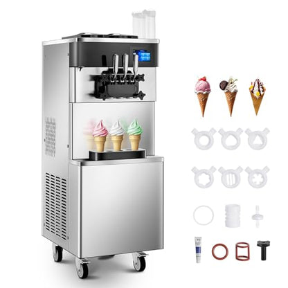 Commercial Ice Cream Machine 5.8-7.9 Gal/h, 3 Flavors Soft Serve Ice Cream Machine with 14L Hopper, Auto Clean Ice Cream Maker With Touch LCD Panel for Snack Restaurants Bars, 2200W