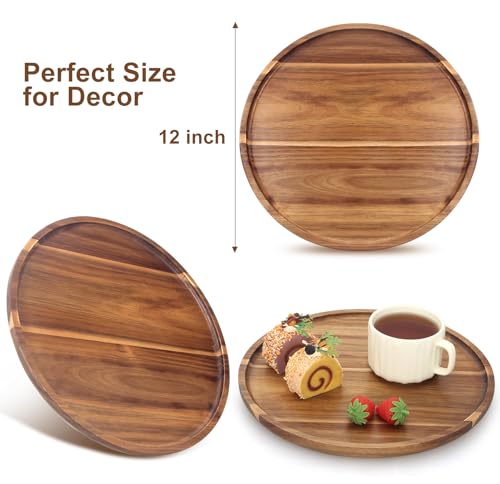 Acacia Round Wood Tray Decorative Serving Trays for Ottoman Coffee Table Candle Holder Tray Kitchen Counter Island Accents Home Decor Circle Circular Wood Centerpiece Trays for Dining Room Table