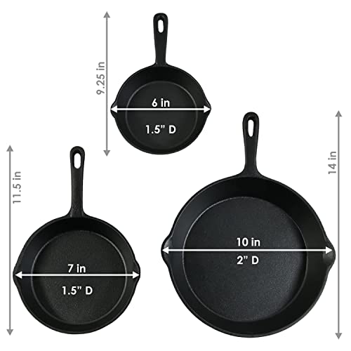 Sunnydaze 3-Piece Pre-Seasoned Heavy-Duty Cast Iron Skillet Set - 6-Inch, 7-Inch, and 10-Inch Black Metal Frying Pans