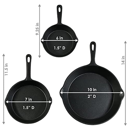 Sunnydaze 3-Piece Pre-Seasoned Heavy-Duty Cast Iron Skillet Set - 6-Inch, 7-Inch, and 10-Inch Black Metal Frying Pans