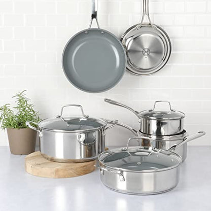 Martha Stewart Delaroux 10 Piece Stainless Steel Pots and Pans Kitchen Cookware Set w/PFAs Free Premium Nonstick Ceramic Interior