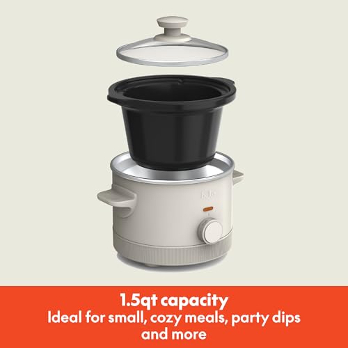 bella 1.5 Qt Slow Cooker with 3 Heat Manual Control, Ceramic Nonstick Coating, Dishwasher Safe Stoneware Pot and Tempered Glass Lid, Tangle Free Cord Wrap & Cool Touch Handles, Oatmilk
