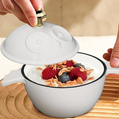 Flavehc Mini Cocotte 16 oz Owl Shaped Mini Dutch Oven 0.5 qt Cast Iron Garlic Roaster for Oven Garlic Confit Pot Ramekins with Lids Oven Safe, White