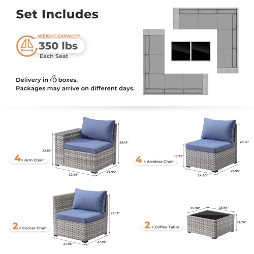 ovios 12 Pieces Patio Furniture Set, Outdoor Wicker Sectional Sofa with Coffee Table Comfy Cushions, Modern Modular Deep Seat Couch Rattan Conversation Set, Denim Blue